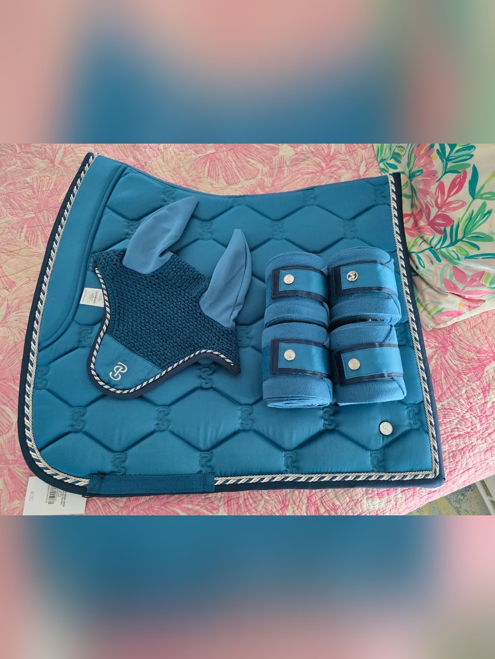 Ps Sweden Dressage Saddle Pad and Ear Bonnet, Polos Set- Full - Ocean Blue